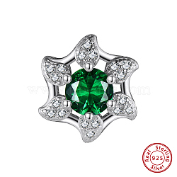 Rhodium Plated 925 Sterling Silver Beads, with Green Cubic Zirconia, Flower, Real Platinum Plated, 11x10x6mm, Hole: 1.2mm(STER-L064-14P)