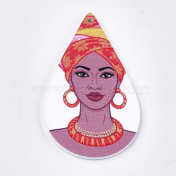 Printed Wooden Big Pendants, Dyed, Teardrop with Women, Colorful, 59x36x2.5mm, Hole: 1.5mm(X-WOOD-S051-04D)