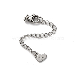 304 Stainless Steel Chain Extender, Heart, with Clasps & Charm, Stainless Steel Color, 71mm, Hole: 2.5mm(STAS-N088-46P)