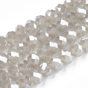 Electroplate Glass Beads Strands, Imitation Jade Beads, Pearl Luster Plated, Faceted, Rondelle, Silver, 4x3mm, Hole: 0.4mm, about 123~127pcs/strand, 16.5~17.3 inch(42~44cm)