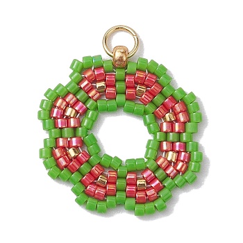 Handmade Seed Beads Pendants, with Elastic Thread, Loom Pattern, Flower, Light Green, 23x22x3mm, Hole: 3.4mm