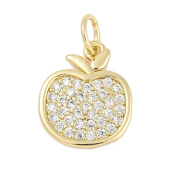 Rack Plating Brass Pendants, Apple Charms, with Cubic Zirconia, Long-Lasting Plated, Lead Free & Cadmium Free, with Jump Ring, Real 18K Gold Plated, 13.5x11.5x1.5mm, Hole: 3mm