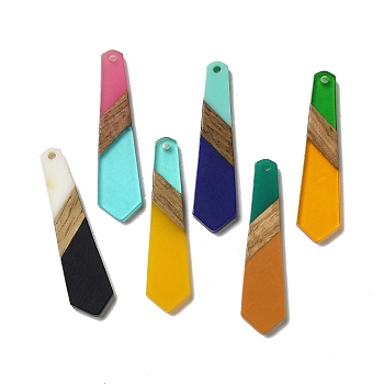 Opaque Resin & Walnut Wood Pendants, Hexagon Tie Charms, Mixed Color, 49x12x3mm, Hole: 2mm