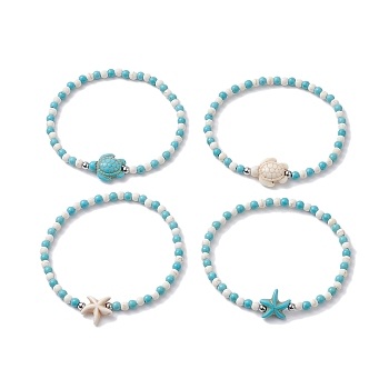 4Pcs 4 Style Dyed Synthetic Turquoise Starfish & Turtle Beaded Stretch Bracelets Set for Women, Mixed Color, Inner Diameter: 2-1/4 inch(5.7cm), 1Pc/style