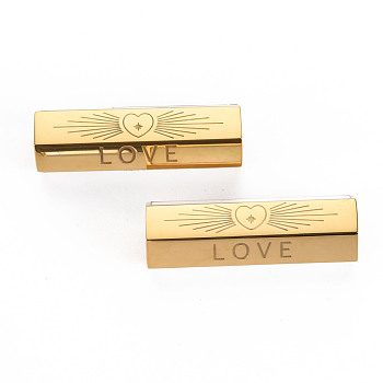 304 Stainless Steel Beads, with Rhinestone, Hexagonal Prism with Word Love, Real 14K Gold Plated, 25.5x9x8mm, Hole: 1.6mm