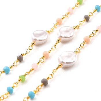 Handmade Brass Link Chains, with Round Beads, Long-Lasting Plated, Soldered, with Spool, Beads with Glass, Imitation Pearl, Golden, 24x10x6mm