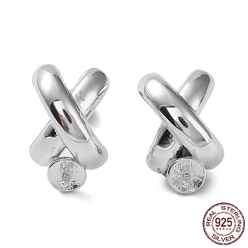 Rhodium Plated 925 Sterling Silver Stud Earring Findings, for Half Drilled Pearl Beads, Criss-Cross, Real Platinum Plated, 12.5x7.7mm, Pin: 0.7mm & 0.8mm