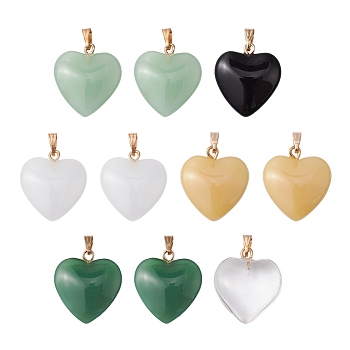 10Pcs 5 Style Spray Painted Glass Pendants, with Golden Plated Iron Findings, Heart Charms, Mixed Color, 22x20.5x7mm, Hole: 2mm, 2Pcs/style