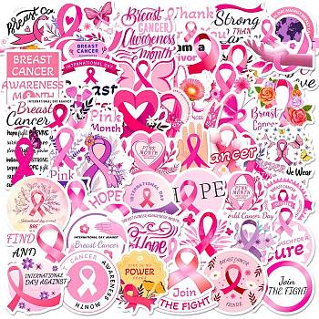 50Pcs Cartoon Vinyl Pink Ribbon Stickers, Waterproof Breast Cancer Decals for DIY Scrapbooking, Art Craft, Pink, 33~52x30~50x0.2mm