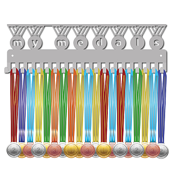 Fashion Iron Medal Hanger Holder Display Wall Rack, 20 Hooks, with Screws, Medal Pattern, 118x400mm, Hole: 5mm