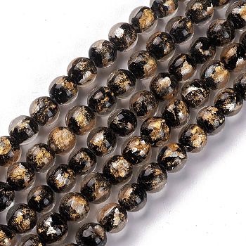 Handmade Gold Sand Lampwork Beads Strands, Round, Black, 10.5x9.5mm, Hole: 1.6mm, about 30pcs/strand, 11.26 inch(28.6cm)