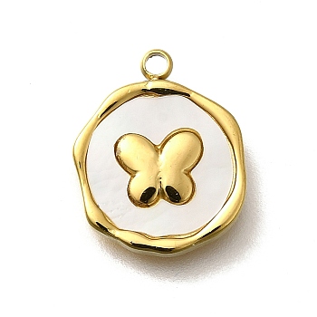 304 Stainless Steel Pendants, Flat Round, with Shell, Real 18K Gold Plated, Ion Plating(IP), Butterfly, 15.5x12.5x2.5mm, Hole: 1.5mm