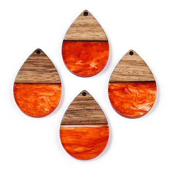 Transparent Resin & Walnut Wood Pendants, Teardrop Charms, Orange Red, 36x24.5x3.5mm, Hole: 2mm