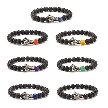 Natural Lava Rock & Mixed Stone Round Beads Stretch Bracelets Set, 7 Chakra Stackable Bracelets with Alloy Dragon Head for Women, Antique Silver, Inner Diameter: 2-1/4 inch(5.8cm), 7pcs/set