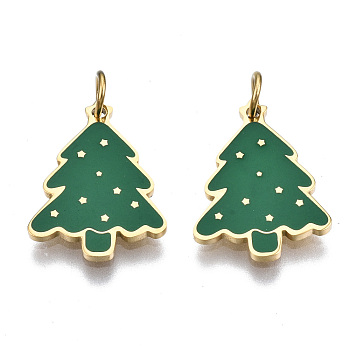 316 Surgical Stainless Steel Enamel Pendants, with Jump Rings, for Christmas, Christmas Trees, Real 14K Gold Plated, 15x11x1mm, Jump Ring: 3.8x0.6mm, 2.6mm inner diameter