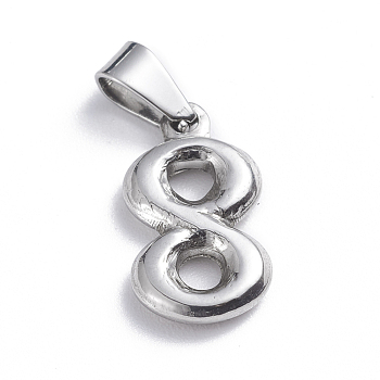 201 Stainless Steel Pendants, Infinity, Stainless Steel Color, 16x8.5x2.5mm, Hole: 2.5x5.5mm