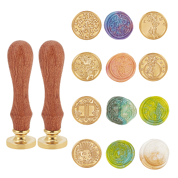 SUPERDANT DIY Scrapbook, Including Pear Wood Handle, Wax Seal Brass Stamp Head, Mixed Patterns, Brass Stamp Head: 6pcs