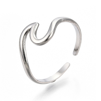 Non-Tarnish 304 Stainless Steel Sea Wave Cuff Rings, Open Rings for Women Girls, Stainless Steel Color, US Size 7(17.9mm)