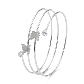 304 Stainless Steel Triple Loops Wire Wrap Bangle, Butterfly Clear Cubic Zirconia Cuff Bangle, Stainless Steel Color, Inner Diameter: 2-1/2 inch(6.25cm)