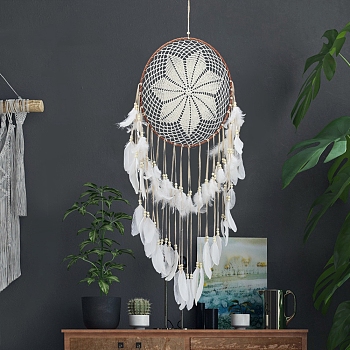 Woven Web/Net with Feather Wall Hanging Decorations, with Iron Ring and Wood Bead, for Home Bedroom Decorations, White, 1180mm