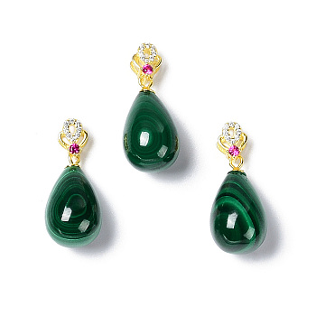 Natural Malachite Pendants, Teardrop Charms, with Golden Plated 925 Sterling Rhinestone Clasps, 18.5x10mm, Hole: 4.3x1.6mm
