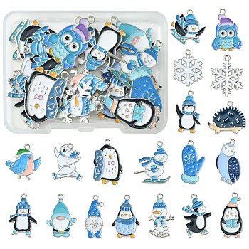 20Pcs 20 Styles Winter Theme Alloy Enamel Pendants, Platinum, Polar Bear & Penguin & Snowman Charm, Mixed Shapes, 19~26.5x11~22x1.5~1.7mm, Hole: 1.5~1.8mm, 1pc/style