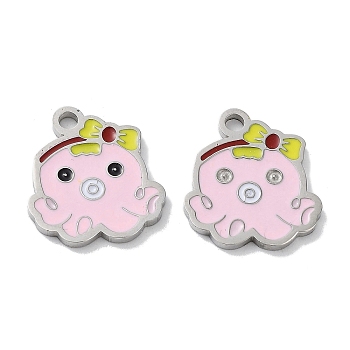 304 Stainless Steel Enamel Pendants, Octopus Charm, Stainless Steel Color, Pink, 15x13.5x1.5mm, Hole: 1.8mm