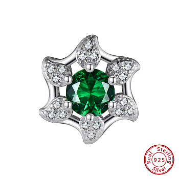 Rhodium Plated 925 Sterling Silver Beads, with Green Cubic Zirconia, Flower, Real Platinum Plated, 11x10x6mm, Hole: 1.2mm