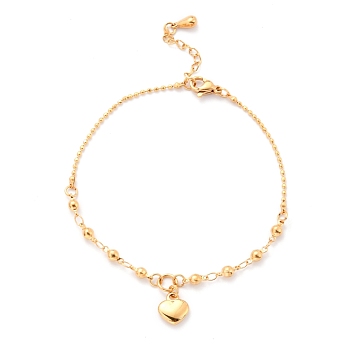 304 Stainless Steel Heart Charm Bracelets, with Link Chains and Lobster Claw Clasps, Golden, 7-5/8 inch(19.5cm)