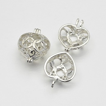 Brass Locket Pendants, Cage Pendants, Heart, Silver Color Plated, 21x16x12mm, Hole: 3x2mm