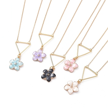 Flower Zinc Alloy Pendant Necklaces, with Enamel, Brass Triangle Pendants, Cable Chain and Lobster Claw Clasps, Mixed Color, 18.11 inch(46cm)