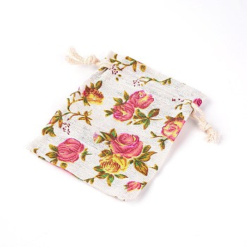 Polycotton Blank DIY Craft Drawstring Bag, for Valentine Birthday Wedding Party Candy Wrapping, Rose Pattern, 14x10cm