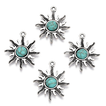Synthetic Turquoise Pendants, Sun Charms, with Tibetan Style Alloy Findings, Antique Silver, 26x22.5x4.5mm, Hole: 2mm