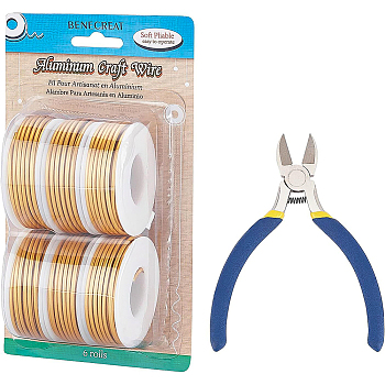 BENECREAT Round Aluminum Wire, with Iron Side Cutting Pliers, Gold, 12 Gauge, 2mm, 5.8m/roll, 6 rolls