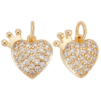 8Pcs Brass Charms, with Clear Cubic Zirconia and Jump Rings, Heart with Crown Charm, Golden, 12x13x2.5mm, Hole: 2.5mm