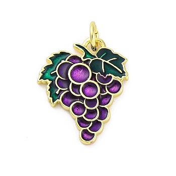 Brass Enamel Pendants, with Jump Ring, Rack Plating, Lasting Plated, Cadmium Free & Lead Free, Real 18K Gold Plated, Grape, 18.5x15x2mm, Hole: 3mm