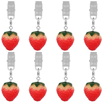 8Pcs Resin Imitation Fruit Tablecloth Weights, Table Cloth Pendants, with Iron Clip, Strawberry, 74mm, 8pcs/set
