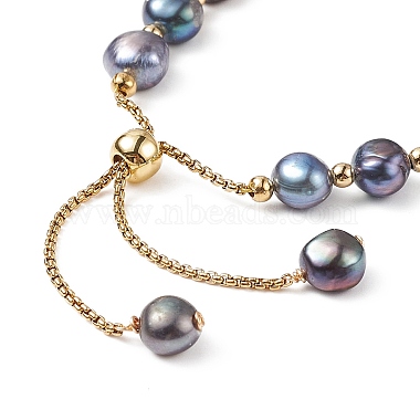 Pulsera con cuentas redondas de latón y perlas naturales teñidas(BJEW-JB09008-03)-5