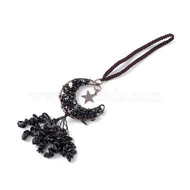 Natural Black Agate Moon with Chips Tassel Pendant Decorations(G-L524-07R-B01)-2