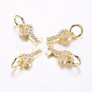 Long-Lasting Plated Brass Micro Pave Cubic Zirconia Charms, Heart Key, Real 18K Gold Plated, 10x5x1.5mm, Hole: 3mm(ZIRC-F069-48G)