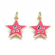Brass Micro Pave Cubic Zirconia Enamel Charms, with Jump Rings, Nickel Free, Star, Real 16K Gold Plated, Deep Pink, 15x13.5x2mm, Jump Ring: 5x0.8mm, 3mm inner diameter(ZIRC-Q200-025D-NF)
