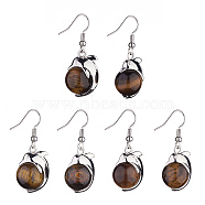 Natural Tiger Eye Dolphin Dangle Earrings with Crystal Rhinestone, Platinum Brass Jewelry for Women, 38mm, Pin: 0.6mm(EJEW-A092-20P-17)