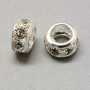 Brass Rhinestone Beads, Large Hole Beads, Rondelle, Silver Color Plated, 10x5mm, Hole: 5.5mm(X-KK-Q401-03S)