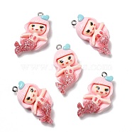 Opaque Resin Pendants, with Glitter Powder and Platinum Tone Iron Loops, Mermaid, Pink, 34x18x6mm, Hole: 2mm(X-RESI-D055-037P)