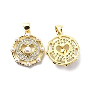 Brass Clear Cubic Zirconia Pendants, with ABS Plastic Imitation Pearl, Flat Round with Heart Charm, Real 18K Gold Plated, 21.5x19.5x5mm, Hole: 3.5x4.5mm(KK-G446-15G)