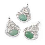 Natural Green Aventurine Pendants, Buddha Charms, with Platinum Tone Rack Plating Brass Findings, Cadmium Free & Lead Free, 39x32x9.5mm, Hole: 8x4.5mm(G-H283-01Y)