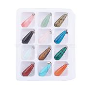 Gemstone Pendants, with Brass Clasps, Mixed Stone, teardrop, Mixed Color, 30x11mm, Hole: 6x2mm, 12pcs/box(G-S045-4-B)