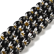 Handmade Lampwork Beads Strands, Oval with Flower, Black, 11.5~12.5x9.5mm, Hole: 1.2mm, about 26~27pcs/strand,  12.99~13.39 inch(33~34cm)(LAMP-C007-01)