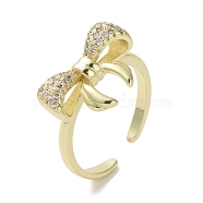Brass Micro Pave Cubic Zirconia Open Cuff Ring, Bowknot, Real 16K Gold Plated, US Size 7 1/2(17.5mm)(RJEW-K256-58K-G)