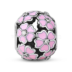 TINYSAND 925 Sterling Silver Cubic Zirconia Enamel European Large Hole Beads, Rondelle with Flower, Platinum, 10.34x12.58mm, Hole: 4.24mm(TS-C-089)